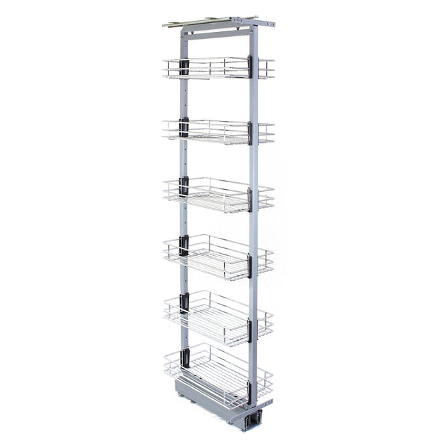 Ausziehbarer Vorratsschrank in Silber, 170cm bis 195cm hoch, mit sechs stabilen Drahtkörben für optimale Küchenorganisation und Stauraum