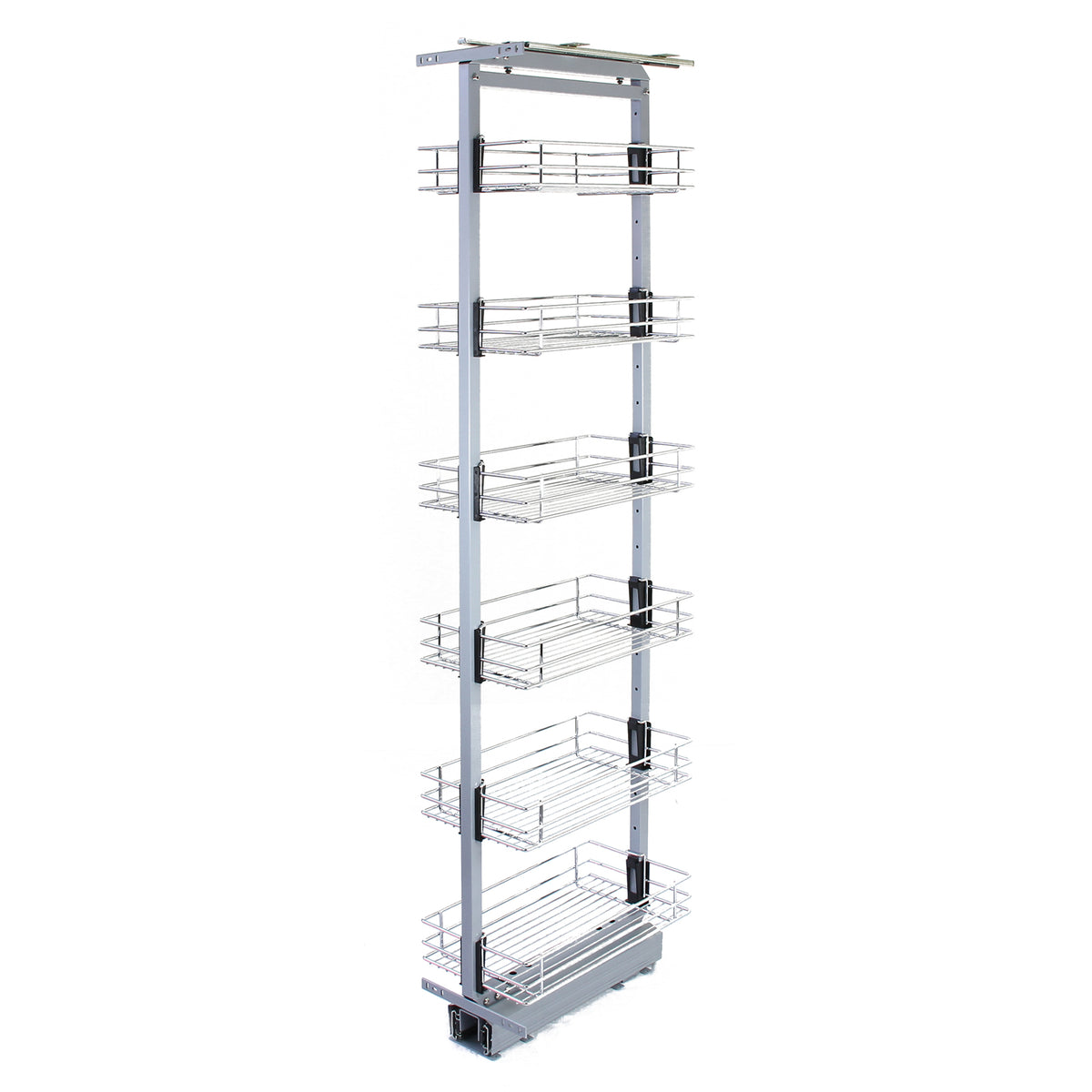 Hochwertiger, ausziehbarer Vorratsschrank in Silber mit sechs stabilen Drahtkörben, ideal für die Küche, verstellbare Höhe von 190-220 cm