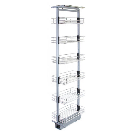 Hochwertiger, ausziehbarer Vorratsschrank in Silber mit sechs stabilen Drahtkörben, ideal für die Küche, verstellbare Höhe von 190-220 cm