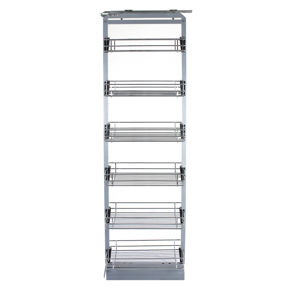Ausziehbarer Vorratsschrank in Silber mit sechs offenen Drahtregalen, ideal für die Küche, bietet viel Stauraum und eine moderne, platzsparende Lösung