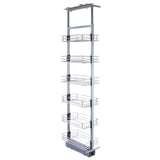 Ausziehbarer Vorratsschrank in Silber mit sechs transparenten Körben, ideal für die Küche, platzsparend und funktional, Höhe 170-195 cm