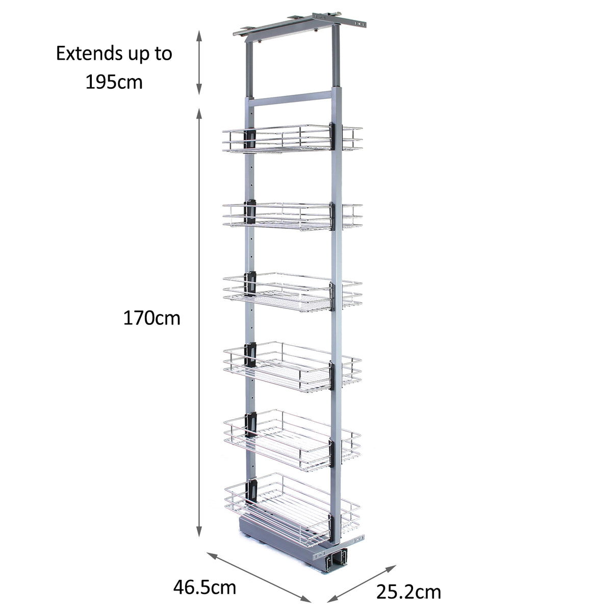 Ausziehbarer Vorratsschrank in Silber, 170cm bis 195cm hoch, mit fünf stabilen Drahtkörben, ideal für die Küchenorganisation und platzsparend