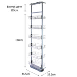 Ausziehbarer Vorratsschrank in Silber, 170cm bis 195cm hoch, mit fünf stabilen Drahtkörben, ideal für die Küchenorganisation und platzsparend