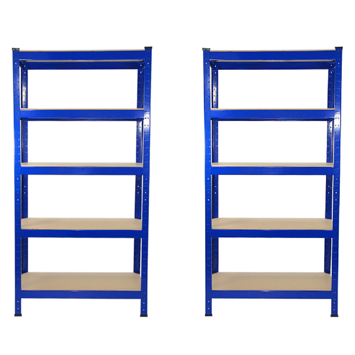 Zwei blaue T-RAX Lagerregale mit vier stabilen Regalböden, Maße 75cm x 150cm x 30cm, aus robustem Metall, ideal für Lagerung und Organisation