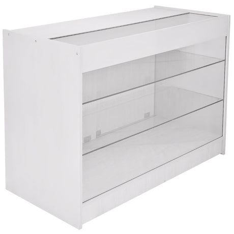 Moderne Verkaufstheke in Weiß mit klaren Glasregalen, ideal für Empfangsbereiche, bietet eleganten Stauraum und Sichtbarkeit für Produkte