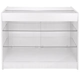 Moderne Verkaufstheke in brillantem Weiß mit klaren Glasregalen, ideal für die Präsentation von Produkten in einem stilvollen Geschäft