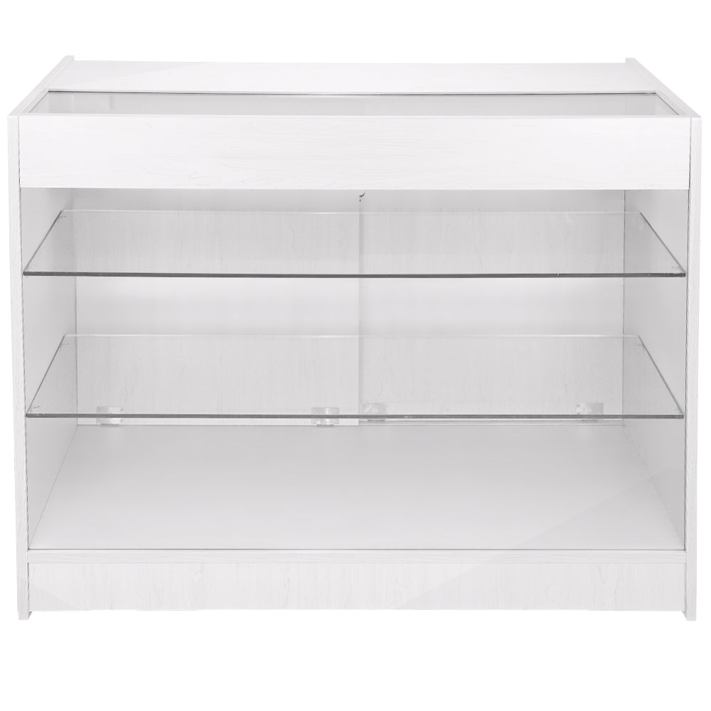 Moderne Empfangstheke in Weiß mit klaren Glasregalen, minimalistisches Design, ideal für Verkaufsräume und Empfangsbereiche