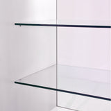 Transparente Glasregale in einer modernen Ladentheke aus brillantem Weiß, ideal für die Präsentation von Produkten in einem eleganten Verkaufsraum