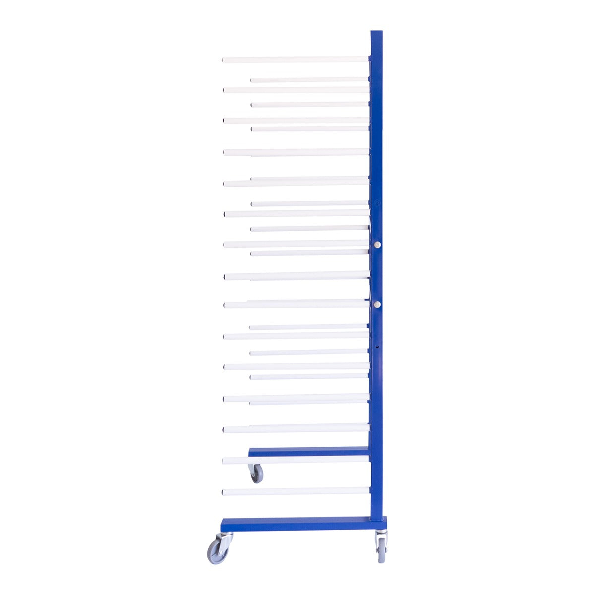 Trocknungswagen in Blau mit mehreren weißen Stangen, stabiler Metallrahmen, leicht beweglich auf Rollen, ideal für das Trocknen von Textilien oder Materialien