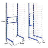 Trocknungswagen in Blau mit weißen Stangen, höhenverstellbar, 175,3 cm hoch, 54,5 cm breit, 35 cm tief, ausgestattet mit Rollen für einfache Mobilität