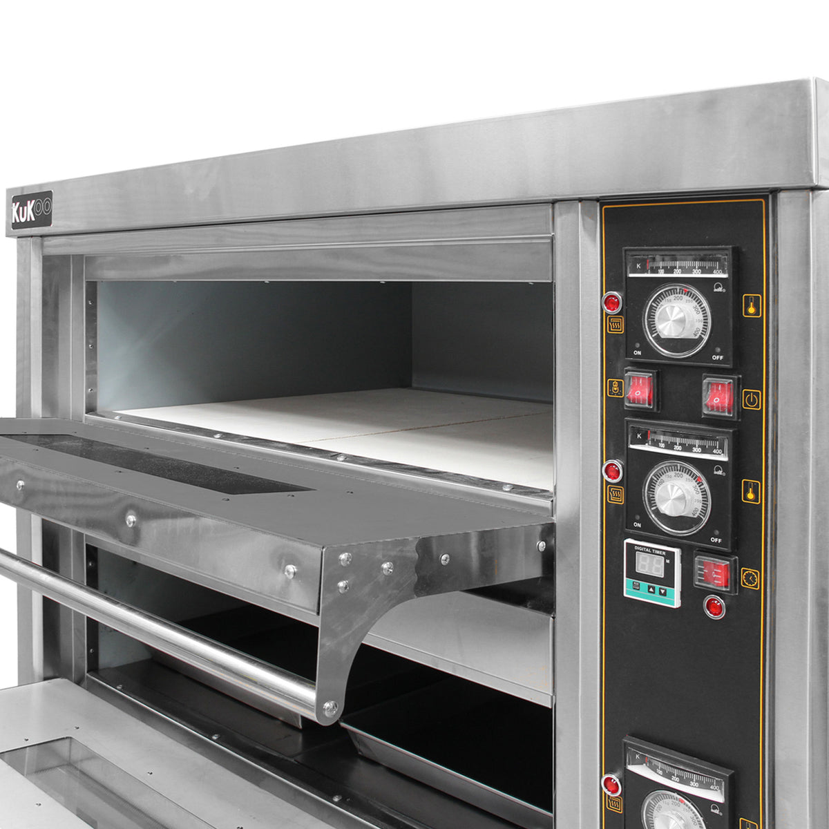 Großer gewerblicher Pizza- und Backofen von KuKoo mit Edelstahl-Oberfläche, zwei Backkammern und präzisen Temperaturreglern für optimale Backergebnisse