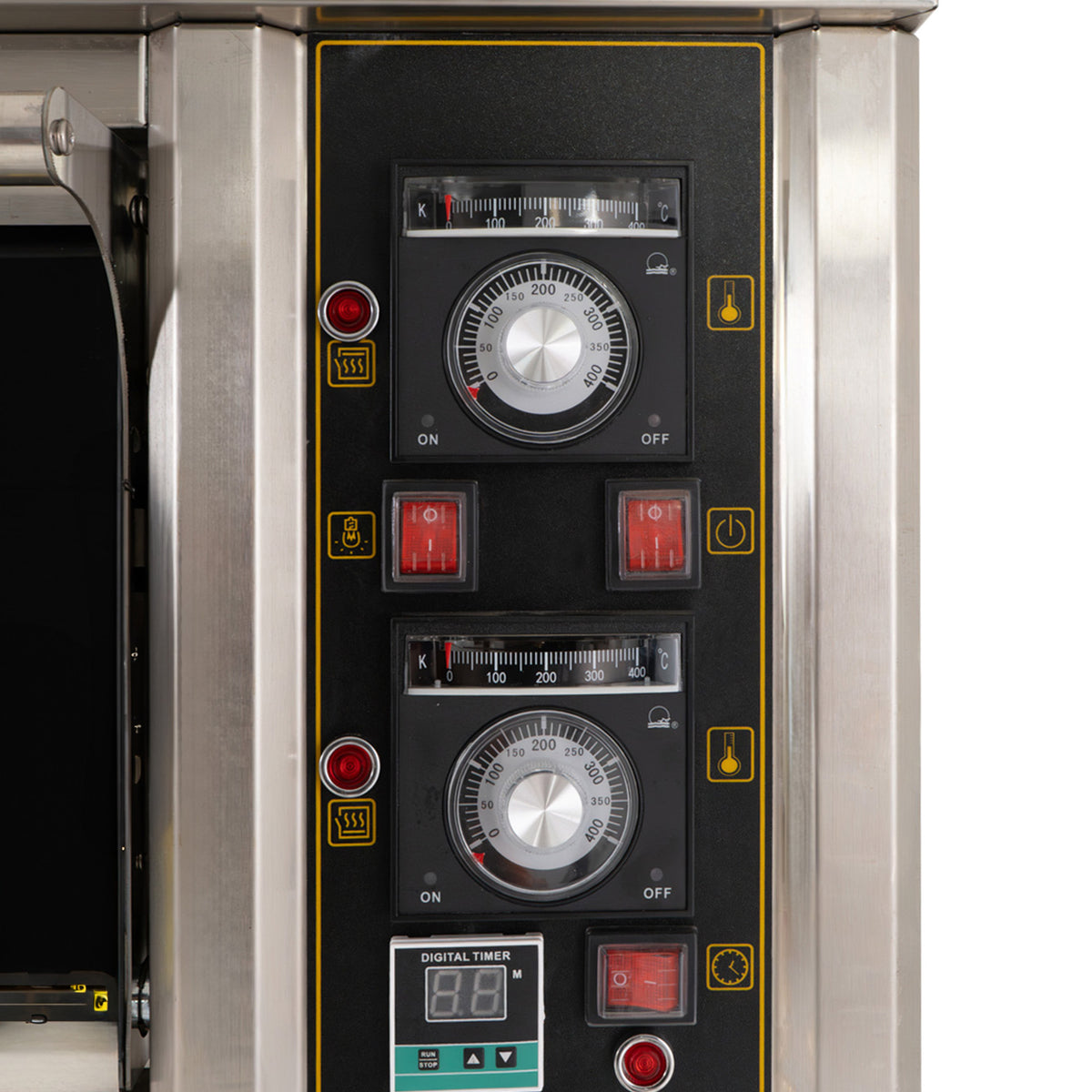 Gewerblicher Pizza- und Backofen mit Edelstahl-Oberfläche, digitalen Reglern, Temperaturanzeigen und Zeitschaltuhr in einem modernen Design