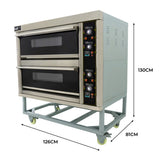 Großer gewerblicher Pizza- und Backofen in Edelstahl mit zwei Backkammern, Bedienfeldern und stabilen Rollen für einfache Mobilität, Maße 126x81x130 cm