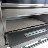 Großer gewerblicher Pizza- und Backofen mit Edelstahl-Oberfläche, zwei Backkammern und einem glatten, hellen Pizzastein für gleichmäßiges Backen