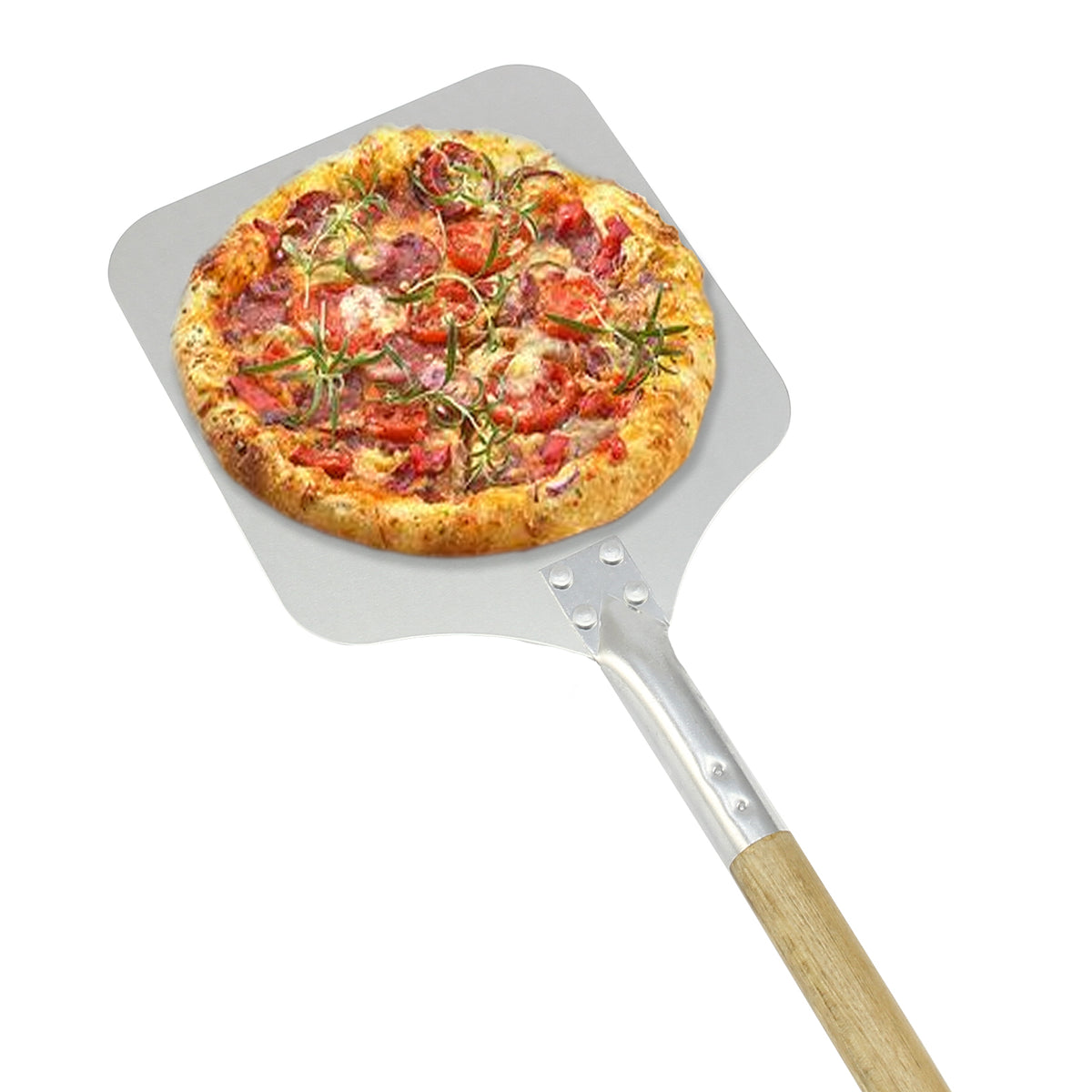Helle, 9 Zoll Pizzaschaufel aus Edelstahl mit einem robusten Holzgriff, hält eine frisch gebackene Pizza mit knusprigem Rand und frischen Belägen