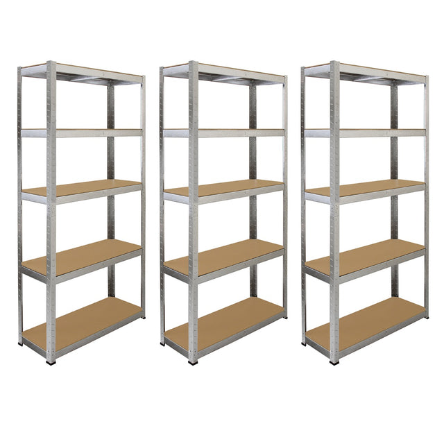 Sechs verzinkte Schwerlastregale in silber mit fünf stabilen, braunen Holzregalen, ideal für Lagerung und Organisation in Werkstätten oder Garagen