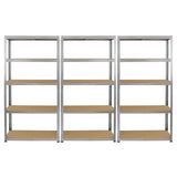 Sechs verzinkte Schwerlastregale in silber mit braunen Holzregalen, 90 cm breit, 180 cm hoch und 30 cm tief, ideal für Lagerung und Organisation