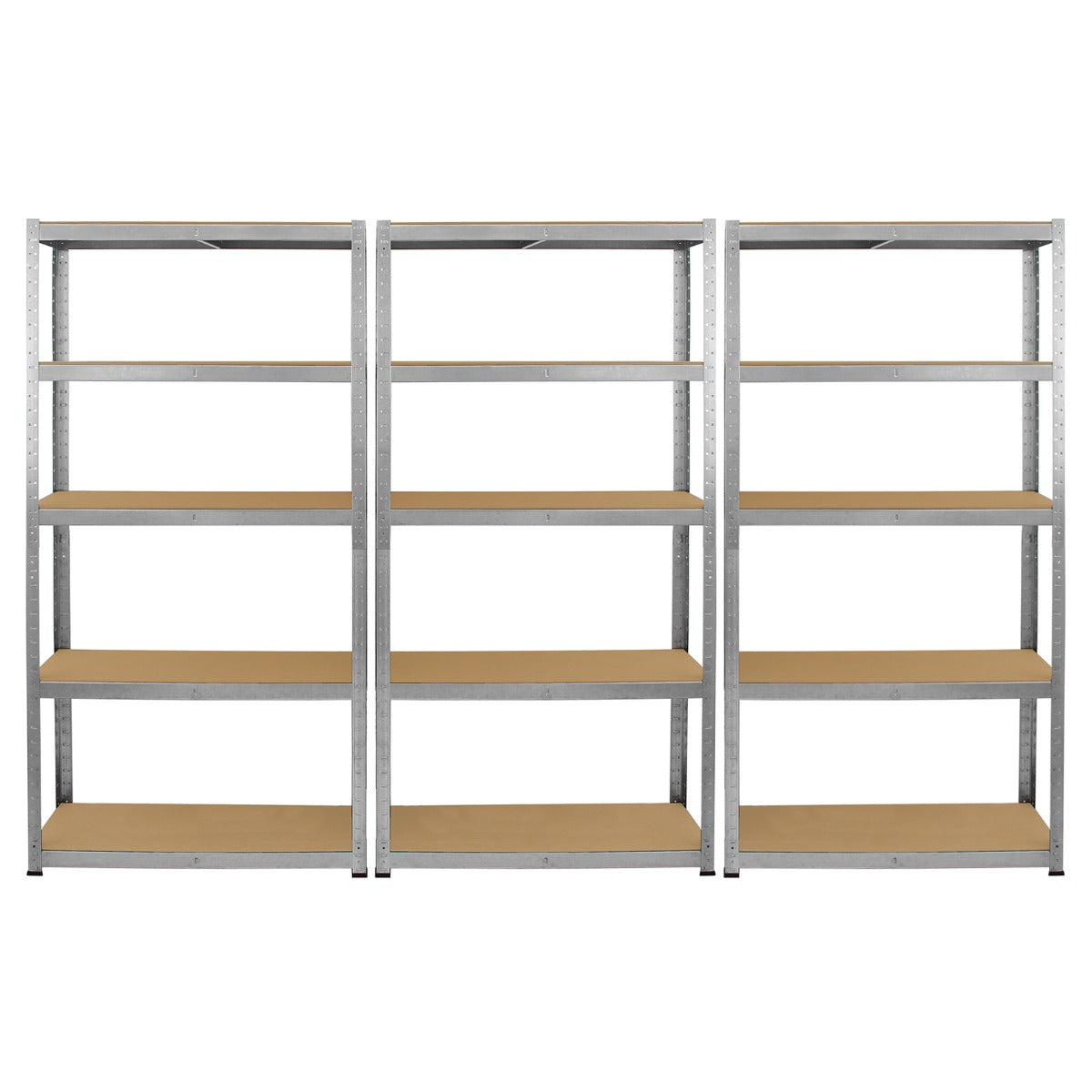 Sechs verzinkte Schwerlastregale in silber mit braunen Holzregalböden, jeweils 90 cm breit, 180 cm hoch und 30 cm tief, ideal für Lagerung und Organisation