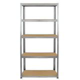 Sechsgeschossiges, verzinktes Schwerlastregal in Silber mit stabilen, braunen Holzregalen, ideal für Lagerung und Organisation von schweren Gegenständen