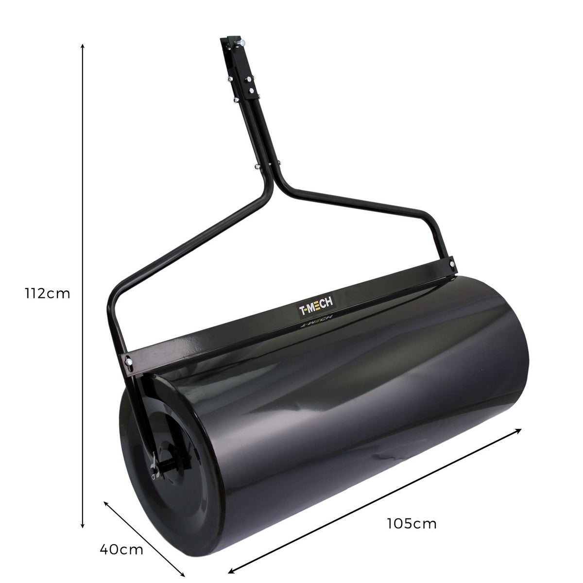 Schwarze Garten Anhängewalze von T-Mech mit einem Durchmesser von 40 cm und einer Länge von 105 cm, ideal zum Verdichten von Erde und Rasenflächen