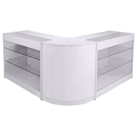 Elegante, weiße Ledentheke mit zwei K1200 und einem CM60, abgerundeten Ecken, Glasregalen und glatter Oberfläche für modernen Verkaufsraum