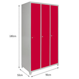 Drei rote Stahlspinde mit grauem Rahmen, jeweils mit einem Türgriff, ideal für Schulen oder Fitnessstudios, Maße: 180 cm hoch, 90 cm breit, 50 cm tief