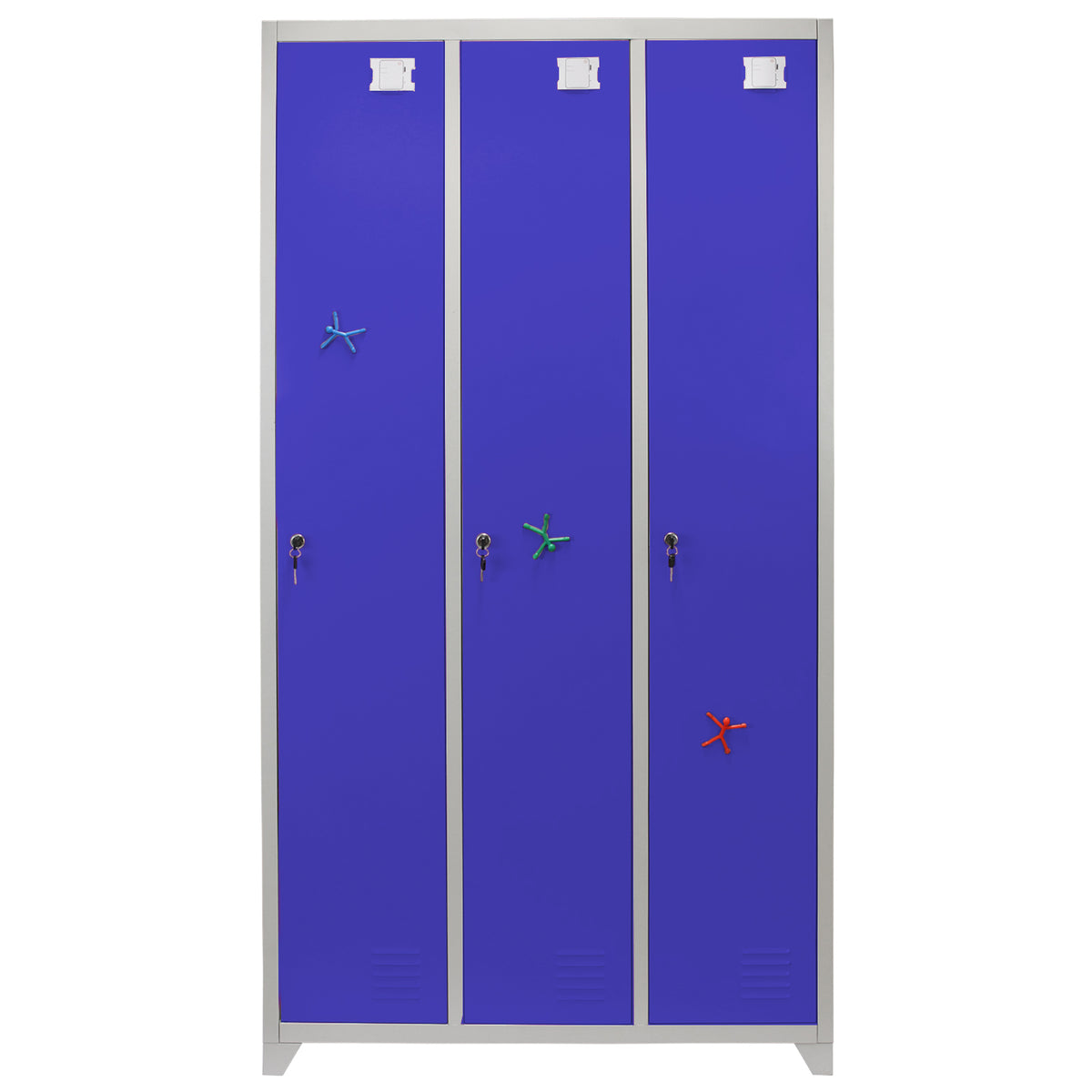 Drei blaue Schließfächer mit grauem Rahmen, jeweils mit einem bunten Stern als Griff, ideal für Schulen oder Fitnessstudios
