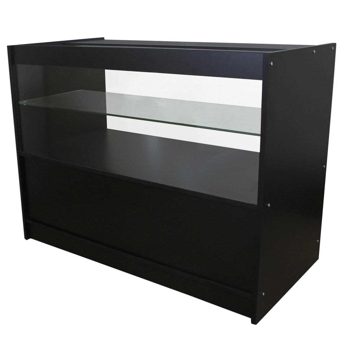Schwarze Verkaufstheke mit zwei Regalen, einem oberen Glasboden und einem unteren geschlossenen Bereich, modern und funktional gestaltet