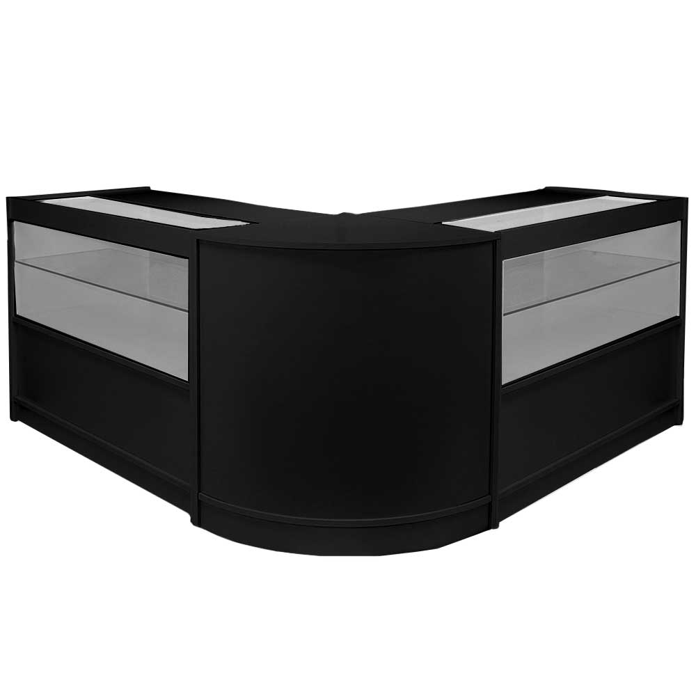 Schwarzes Verkaufstheke-Set mit gläsernen Vitrinen, eleganter, abgerundeter Form und modernem Design, ideal für Einzelhandelsgeschäfte