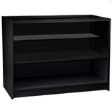Schwarze Verkaufstheke aus robustem Material mit zwei offenen Regalen, ideal für den Einzelhandel oder Messen, modernes und elegantes Design