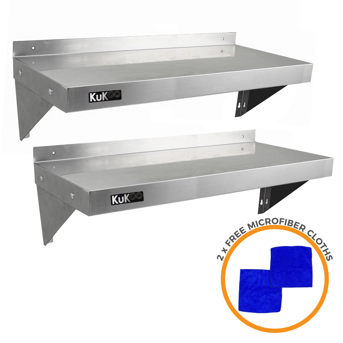 Zwei stabile KuKoo Gastro Wandregale aus rostfreiem Stahl, 1000mm x 300mm, mit glatter Oberfläche und robusten Halterungen, inklusive zwei Mikrofasertüchern