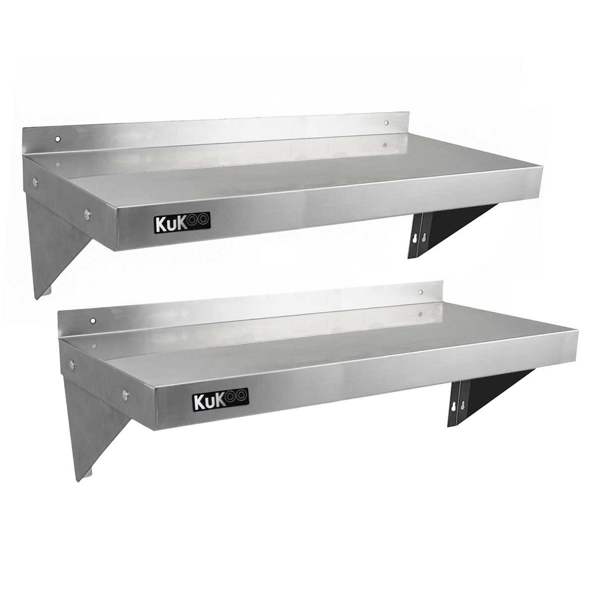 Zwei KuKoo Gastro Wandregale aus rostfreiem Stahl, 1000mm x 300mm, mit glatter, glänzender Oberfläche und stabilen, schwarzen Halterungen