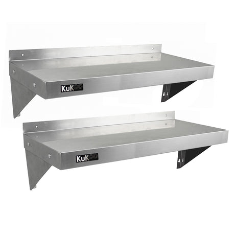 Zwei KuKoo Gastro Wandregale aus rostfreiem Stahl, 1000mm x 300mm, mit glatter, glänzender Oberfläche und stabilen, schwarzen Halterungen