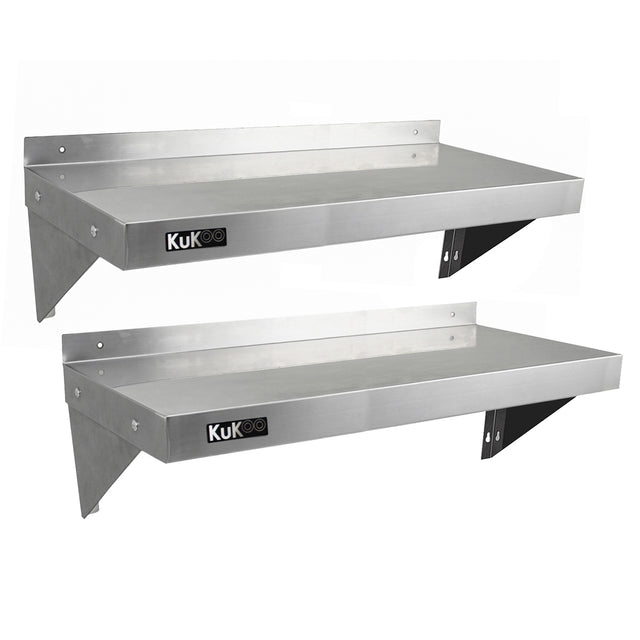 Zwei KuKoo Gastro Wandregale aus rostfreiem Stahl, 1000mm x 300mm, mit glatter, glänzender Oberfläche und stabilen, schwarzen Halterungen