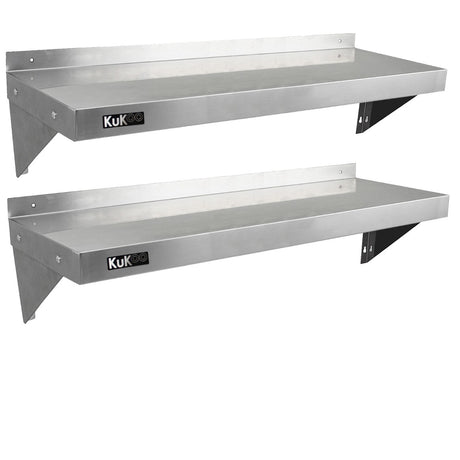 Zwei stabile KuKoo Gastro Wandregale aus rostfreiem Edelstahl, 1250 mm lang und 300 mm tief, mit glatter Oberfläche und robusten Halterungen