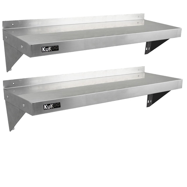 Zwei stabile KuKoo Gastro Wandregale aus rostfreiem Edelstahl, 1250 mm lang und 300 mm tief, mit glatter Oberfläche und robusten Halterungen