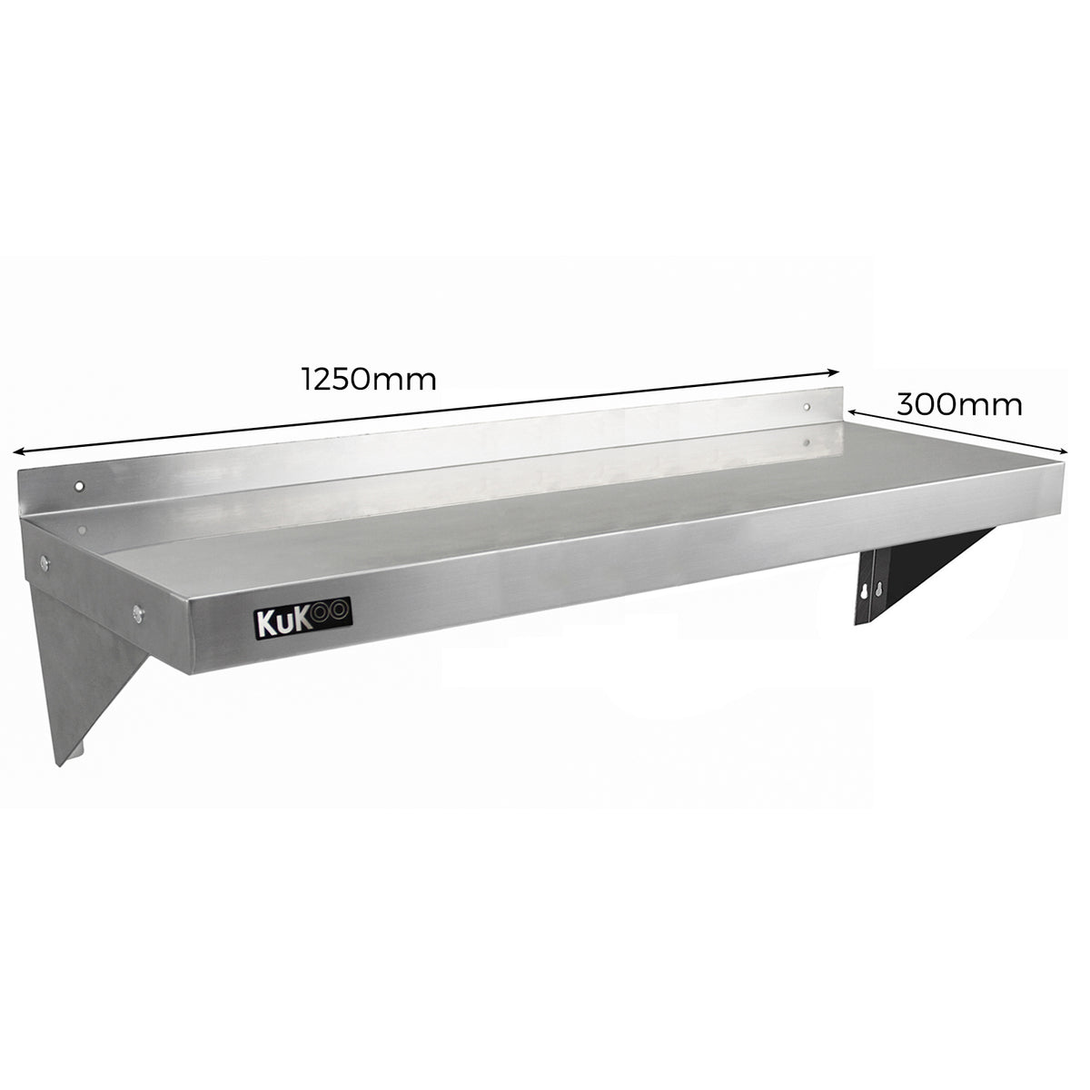Robustes KuKoo Gastro Wandregal aus Edelstahl, 1250mm lang und 300mm tief, mit glatter Oberfläche und stabilen Wandhaltern für vielseitige Nutzung