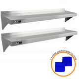 Zwei stabile KuKoo Gastro Wandregale aus Edelstahl, 1400 mm x 300 mm, mit glatter Oberfläche und zwei blauen Mikrofasertüchern als Bonus