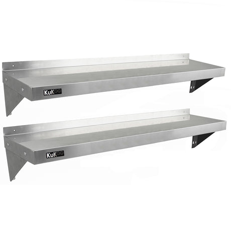 Zwei stabile KuKoo Gastro Wandregale aus rostfreiem Stahl, 1400mm x 300mm, mit glatter, glänzender Oberfläche und robusten Halterungen für vielseitige Nutzung