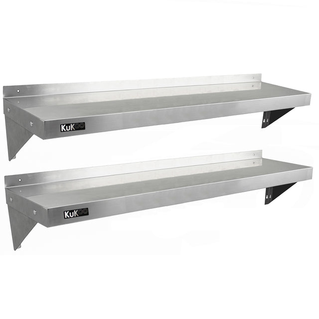 Zwei stabile KuKoo Gastro Wandregale aus rostfreiem Stahl, 1400mm x 300mm, mit glatter, glänzender Oberfläche und robusten Halterungen für vielseitige Nutzung