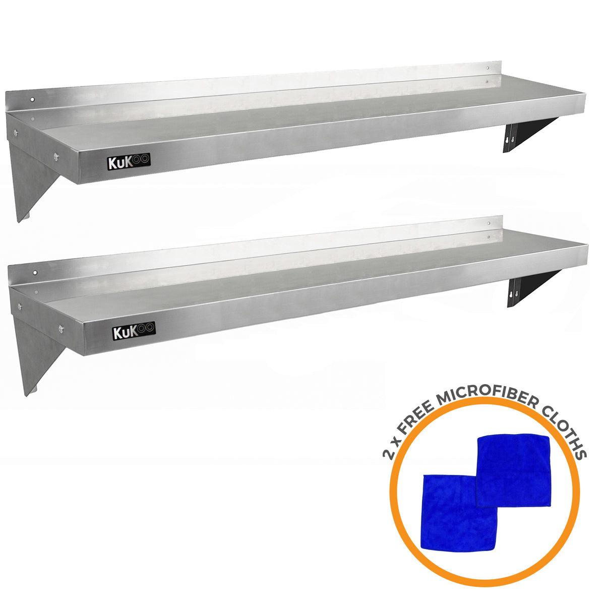 Zwei stabile KuKoo Gastro Wandregale aus Edelstahl, 1500 mm x 300 mm, mit glatter Oberfläche und robusten Halterungen, inklusive zwei Mikrofasertüchern