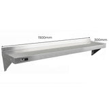 Robustes KuKoo Gastro Wandregal aus Edelstahl, 1500mm lang und 300mm tief, ideal für die Lagerung in Gastronomieküchen, mit glatter Oberfläche und stabiler Konstruktion