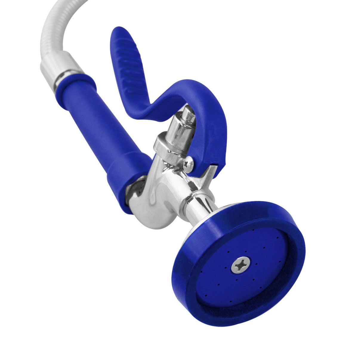 Blau-graue Geschirrbrause mit ergonomischem Griff, glänzendem Metall und runder Düse, ideal für die Gastronomie und effizientes Spülen