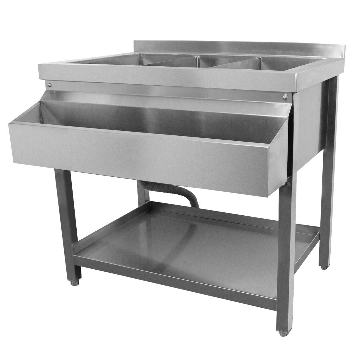 Gastro Cocktail Station Bar aus Edelstahl mit drei Fächern, glänzender Oberfläche, stabilen Beinen und praktischer Ablage für Getränke und Utensilien