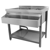 Gastro Cocktail Station Bar aus Edelstahl mit drei Fächern, glänzender Oberfläche, stabilen Beinen und praktischer Ablage für Getränke und Utensilien