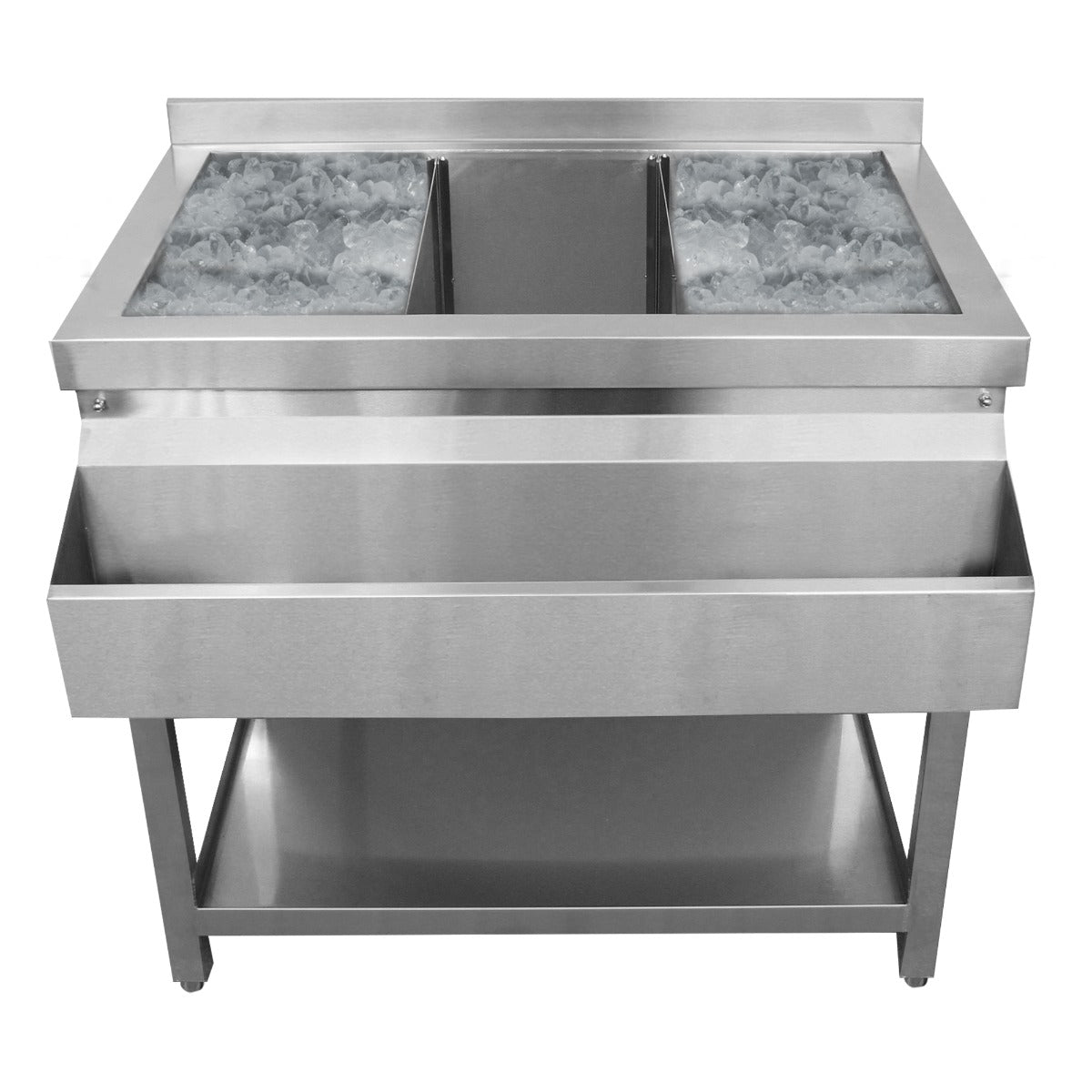 Gastro Cocktail Station aus Edelstahl mit zwei großen Kühlfächern, glänzender Oberfläche und stabiler, robuster Konstruktion für professionelle Nutzung