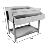 Gastro Cocktail Station Bar aus Edelstahl mit drei Behältern, einer Schublade und stabilen Beinen, ideal für professionelle Barkeeper und Veranstaltungen
