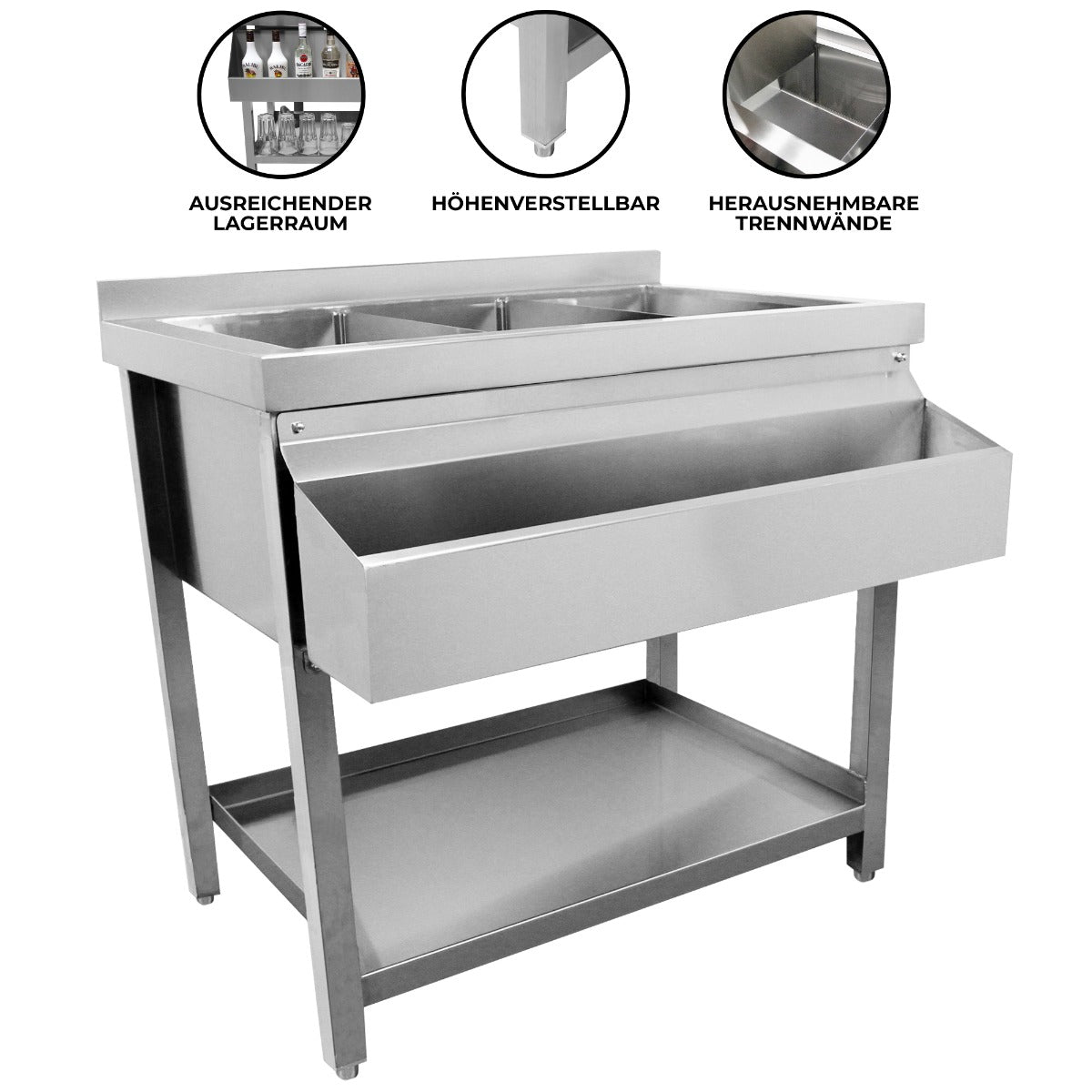 Gastro Cocktail Station aus Edelstahl mit zwei großen Becken, höhenverstellbar, herausnehmbarer Trennwand und großzügigem Stauraum für Barzubehör