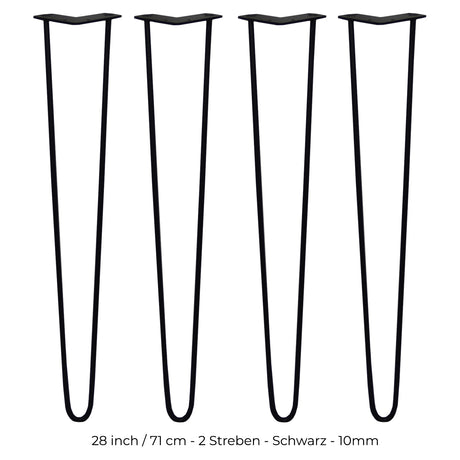 Schwarze Hairpin Tischbeine mit zwei Streben, 71 cm hoch, aus robustem Metall, schlankes, modernes Design für Möbelprojekte