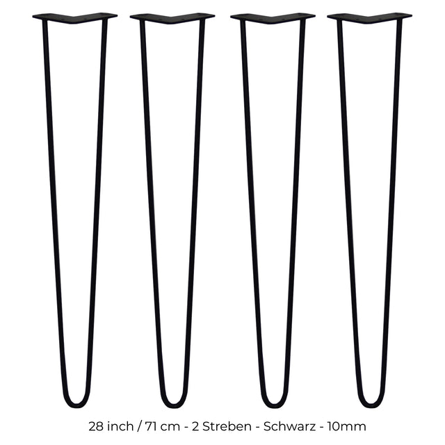 Schwarze Hairpin Tischbeine mit zwei Streben, 71 cm hoch, aus robustem Metall, schlankes, modernes Design für Möbelprojekte